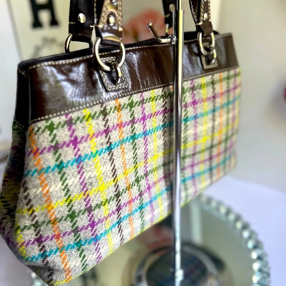 Coach Multicolor Plaid Shoulder Bag with Brown Leather
